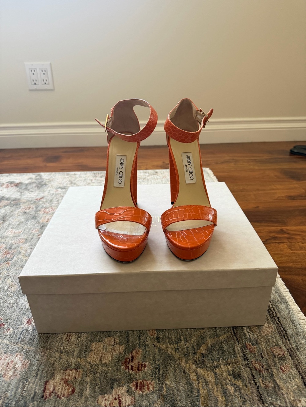 Jimmy Choo Orange Croc-Embossed Patent Platform Sandals